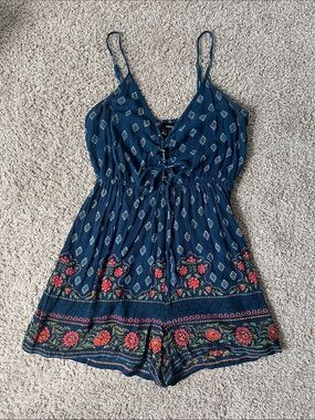 Aqua Sleeveless Navy Floral Border Romper - Bohemian, Festival